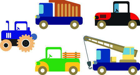 Fototapeta premium Set of cars and tractors. Working cars. Drawings for children.