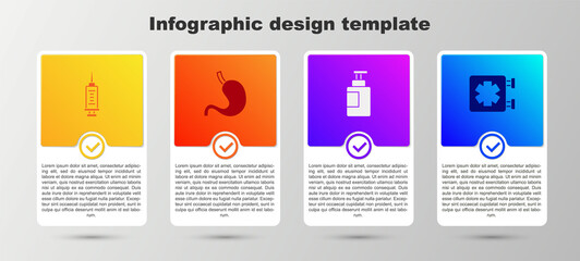 Set Syringe, Human stomach, Hand sanitizer bottle and Medical symbol of the Emergency. Business infographic template. Vector