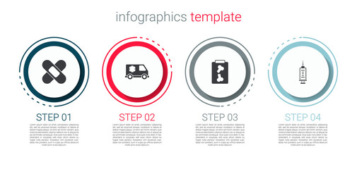 Set Crossed bandage plaster, Emergency car, X-ray shots and Syringe. Business infographic template. Vector