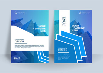 Modern blue white A4 brochure cover design layout set for business. Abstract geometry whith colored cityscape vector illustration on background. Good for annual report, industrial catalog design.