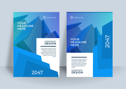 Modern Blue White A4 Brochure Cover Design Layout Set For Business. Abstract Geometry Whith Colored Cityscape Vector Illustration On Background. Good For Annual Report, Industrial Catalog Design.