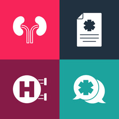 Set pop art Dialogue with the doctor, Hospital signboard, Clinical record and Human kidneys icon. Vector