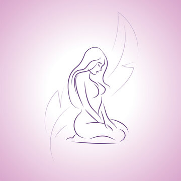 Female figure sitting line art vector. Feather or leaf of palm tree on background.