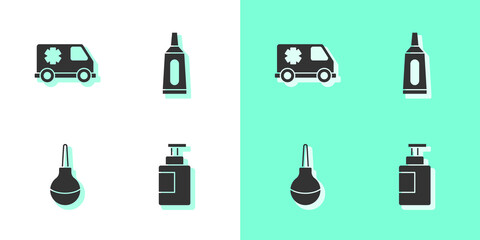 Set Hand sanitizer bottle, Emergency car, Enema and Ointment cream tube medicine icon. Vector