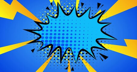 Comic superhero text background rotation. Vintage backdrop for speech bubble. Cartoon pattern animation. Yellow and blue stripes rotating motion. - Powered by Adobe