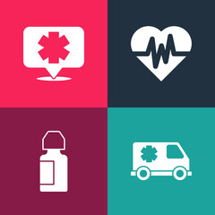 Set pop art Emergency car, Eye drop bottle, Heart rate and Medical symbol of the icon. Vector