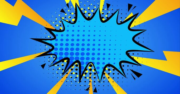 Comic superhero text background rotation. Vintage backdrop for speech bubble. Cartoon pattern animation. Yellow and blue stripes rotating motion.