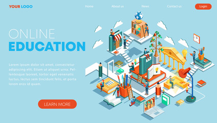 Modern flat design isometric concept of Online Education. Landing page template. Training courses, specialization, tutorials, lectures. Can use for web banner, infographics, and website. Vector illust - obrazy, fototapety, plakaty