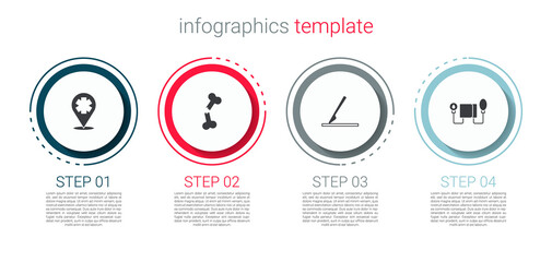 Set Location with cross hospital, Human broken bone, Medical surgery scalpel and Blood pressure. Business infographic template. Vector