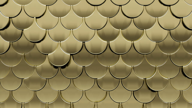 3D, Gold Wall background with tiles. Fish Scale, tile Wallpaper with Polished, Luxurious blocks. 3D Render