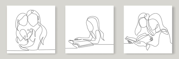 Mother and Baby Line Art Drawings Set. Happy Family Line Drawing. Mother Day Minimalist Illustration. Vector EPS 10.	