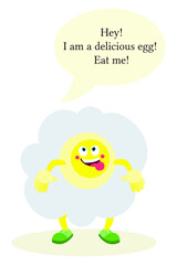Cartoon egg. An egg with a face, arms and legs. A living character. Food for children.