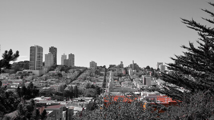 Urban city street scenery with busy avenues, skyscraper skyline, sightseeing landmarks like Coit...