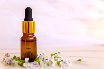 front view of Natural essential oil, serum glass drop bottle on a marble background wit wild flowers. Alternative medicine, aromatic herbal beauty skin care product.