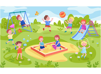 Happy children play in the park. Vector illustration in cartoon style.