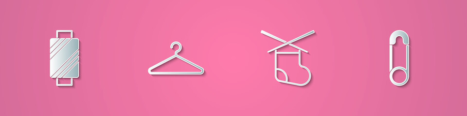 Set paper cut Sewing thread on spool, Hanger wardrobe, Knitting needles and Safety pin icon. Paper art style. Vector