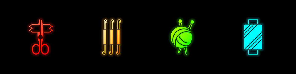 Set Scissors, Crochet hook, Yarn ball with knitting needles and Sewing thread on spool icon. Vector