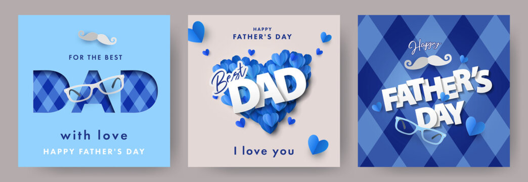 Set of Father's Day greeting cards in modern paper cut style. Fathers Day holiday illustration for greeting banner, fashion ads, poster, flyer, social media, promotion and sale