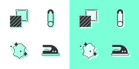 Set Electric iron, Textile fabric roll, Leather and Safety pin icon. Vector