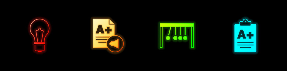 Obraz premium Set Light bulb with idea, Exam sheet A plus grade, Pendulum and icon. Vector