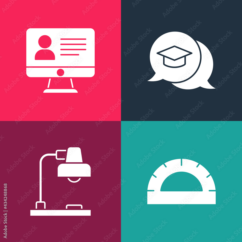 Poster set pop art protractor grid, table lamp, graduation cap in speech bubble and online class icon. vect