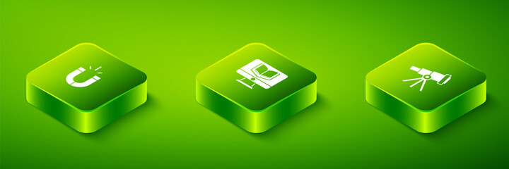 Obraz premium Set Isometric Online class, Telescope and Magnet icon. Vector