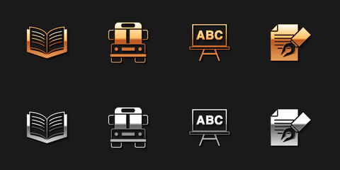 Set Open book, School Bus, Chalkboard and Exam sheet and pencil icon. Vector