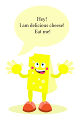 Cartoon talking yellow cheese. Cheese with face, hands and feet. A living character. Food for children.