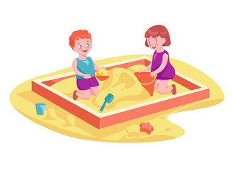 Happy children play in the sandbox. Vector illustration in cartoon style.