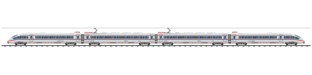 High Speed Train Isolated On White Background. Super Streamlined Train. Passenger Express Railway Locomotive. Railroad Public Transportation. Rapid Transport Concept. Flat Vector Illustration