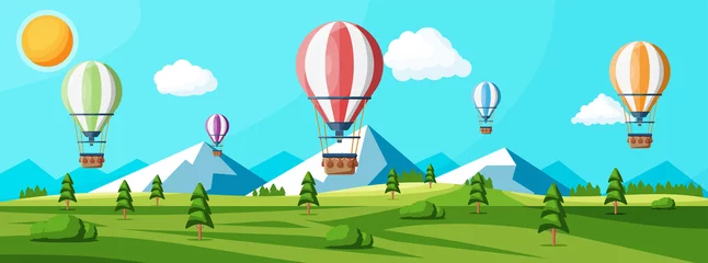 Selbstklebende Fototapeten Hot Air Balloon In The Sky With Clouds and Sun. Vintage Air Transport. Nature Outdoor Background. Aerostat With Basket. Nature Landscape Of Green Hills. Flat Vector Illustration © absent84