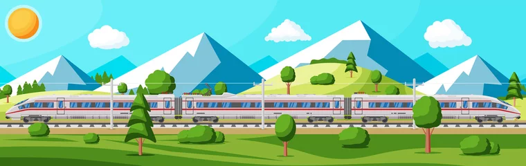 Poster High Speed Train And Summer Landscape With Mountains. Super Streamlined Train. Passenger Express Railway Locomotive. Railroad Public Transportation. Rapid Transport Concept. Flat Vector Illustration © absent84