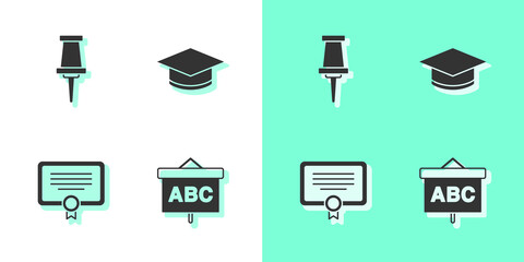 Set Chalkboard, Push pin, Certificate template and Graduation cap icon. Vector