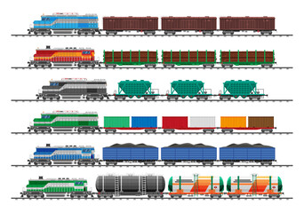 Set Of Train Cargo Wagons, Cisterns, Tanks And Cars. Railroad Freight Collection. Flatcar, Boxcar, Car Carriage. Industrial Carriages, Side View. Cargo Rail Transportation. Flat Vector Illustration - obrazy, fototapety, plakaty