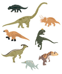 Set of funny vector flat dinosaurs in cartoon style. Illustration for children's encyclopedias and materials about dinosaurs. Ancient animals. Dinosaurs on a white background.