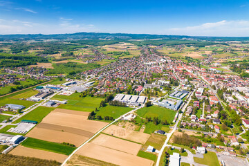 Fototapeta na wymiar Colorful medieval town of Krizevci and Prigorje aerial view