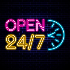 Neon sign Open 24/7 light vector background. Realistic glowing shining design element in arrow frame for 24 Hours Club, Bar, Cafe