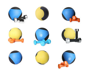 Set with medicine balls and dumbbells on white background