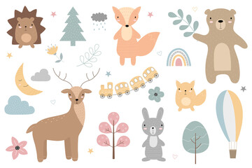 Fototapeta premium A set of cartoon cute animals for children's greeting card, poster, children's room, clothing, invitation. Vector illustration. Squirrel, deer, fox, rabbit, bear, hedgehog