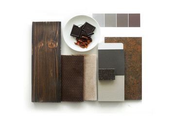 Interior inspiration, moodboard black chocolate palette.    