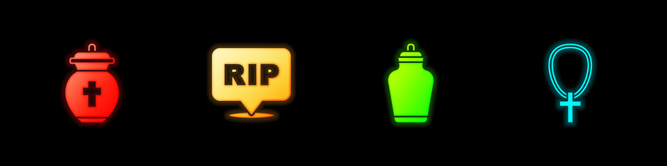 Set Funeral urn, Speech bubble rip death, and Christian cross on chain icon. Vector