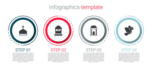 Set Church tower, Tombstone with RIP written, Old crypt and Dove. Business infographic template. Vector