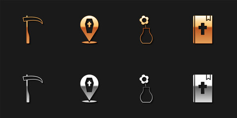 Set Scythe, Coffin with cross, Flower vase and Holy bible book icon. Vector