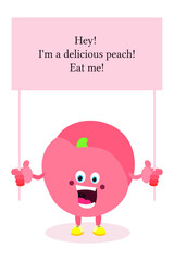 Cartoon talking peach. Peach with face, arms and legs. A living character. Food for children.