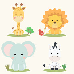 Set of cute vector cartoon wild animals with a lion elephant zebra and giraffe suitable for kids illustrations