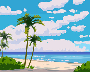 Fototapeta na wymiar Tropical Island beach summer resort, seashore sand, palms, waves. Ocean, sea exotical beach landscape, clouds, nature. Vector illustration