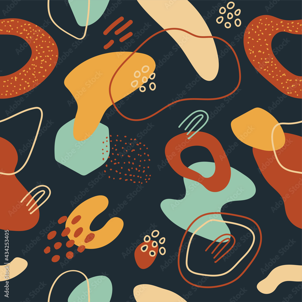 Poster Vector seamless pattern of abstract various shapes and lines on dark background. Trendy organic and minimalistic design for textile, banner, cover, wallpaper, stories background decoration
