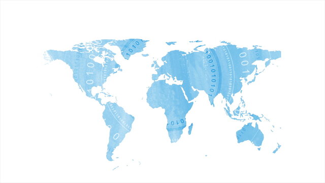 Blue grunge world map with round binary code elements abstract background