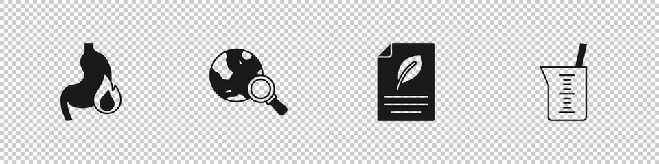 Set Stomach heartburn, Magnifying glass with globe, Eco paper leaf and Laboratory glassware or beaker icon. Vector