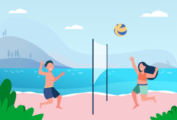 Kids Playing Beach Volleyball Lake Children Seaside Ball Game Cartoon Illustration